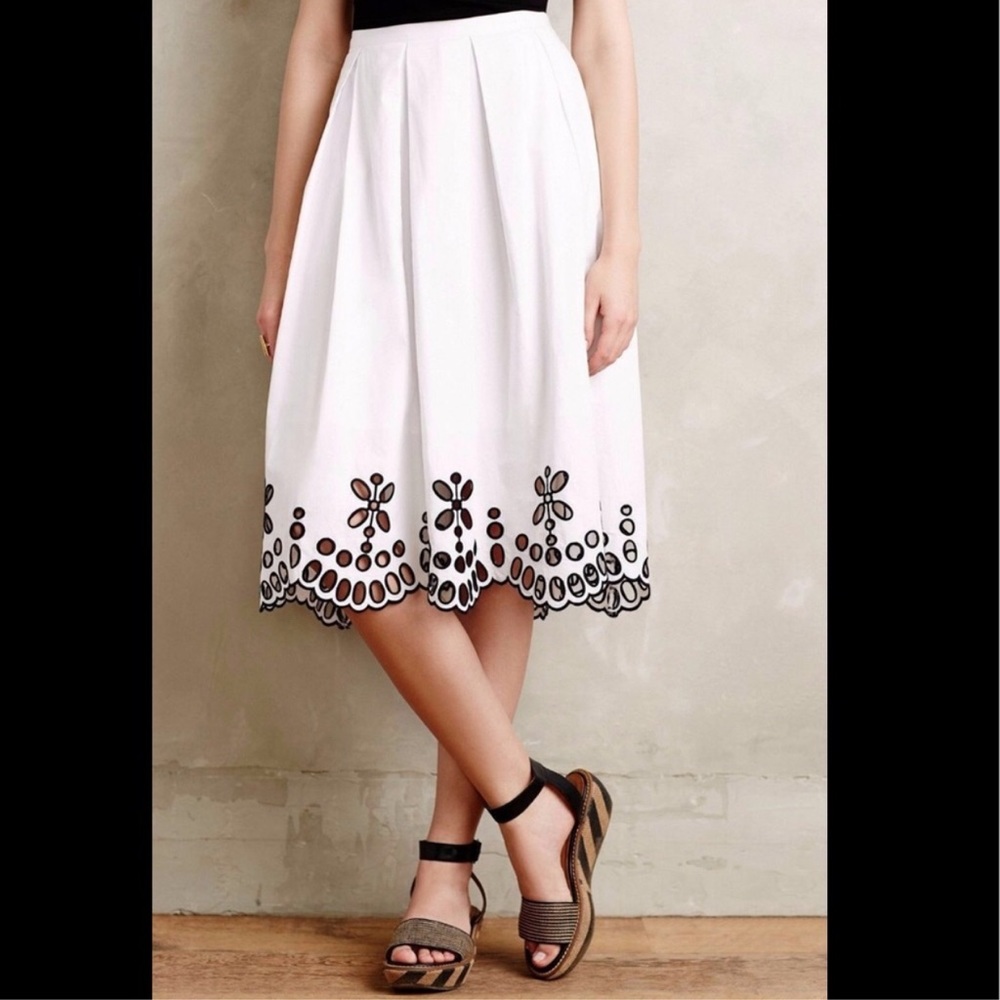 Anthropologie White Midi Skirt with Black Scalloped Floral Hem